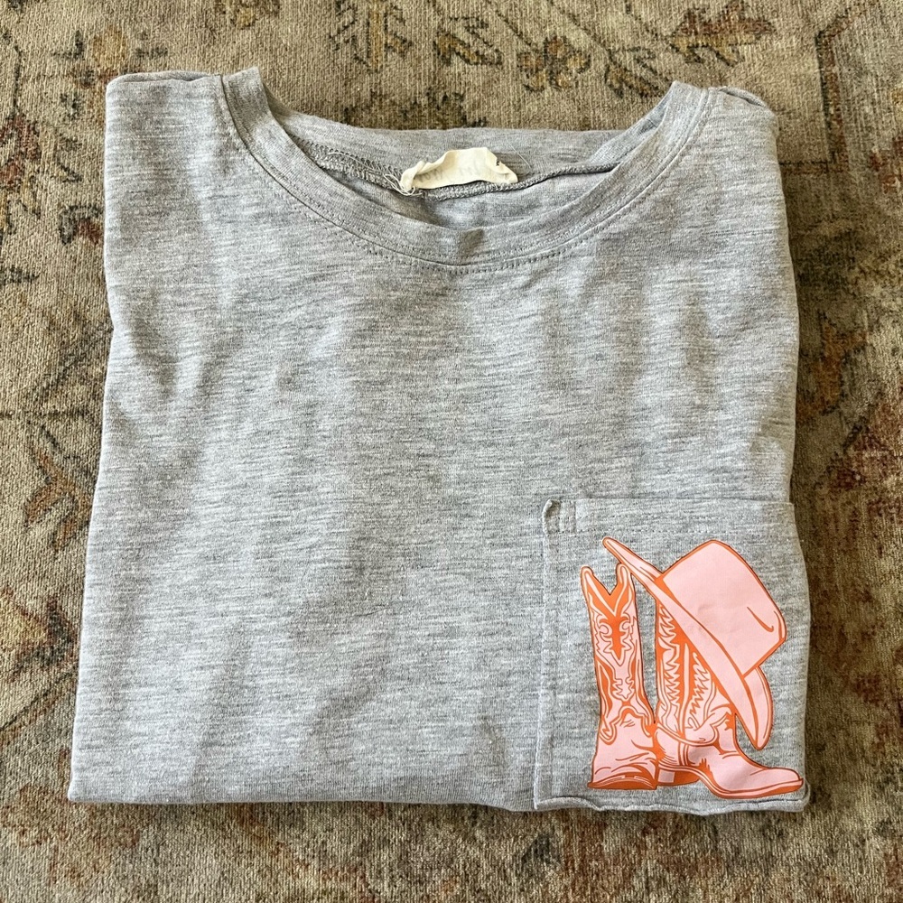 Gray Howdy T-Shirt Dress with Orange Cowboy Boot and Hat Design